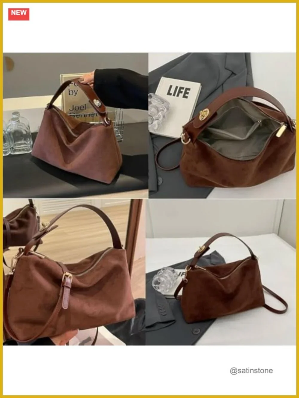 Faux Suede Hobo Tote Bag - Women's Slouchy Handbag with Adjustable Shoulder